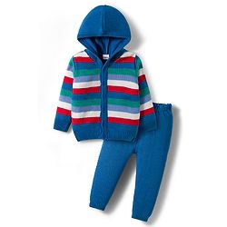 Babyhug Knit Full Sleeves Hooded Front Open Sweater Set with Stripes - Blue