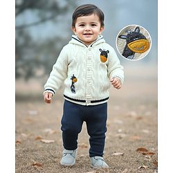 Babyhug Knitted Full Sleeves Front Open Hooded Sweater Set With Cable Knit Design & Giraffe Embroidery - White & Navy Blue