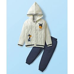 Babyhug Knitted Full Sleeves Front Open Hooded Sweater Set With Cable Knit Design & Giraffe Embroidery - White & Navy Blue