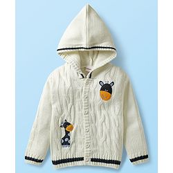 Babyhug Knitted Full Sleeves Front Open Hooded Sweater Set With Cable Knit Design & Giraffe Embroidery - White & Navy Blue