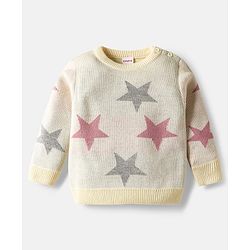 Babyhug Knitted Full Sleeves Pullover Sweater Set With Star Design - Cream & Pink