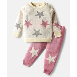 Babyhug Knitted Full Sleeves Pullover Sweater Set With Star Design - Cream & Pink