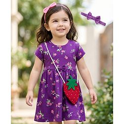 Babyhug Cotton Knit Half Sleeves Floral Printed Frock With Sling Bag & Headbands - Purple