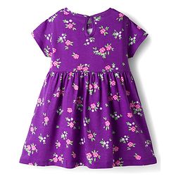 Babyhug Cotton Knit Half Sleeves Floral Printed Frock With Sling Bag & Headbands - Purple