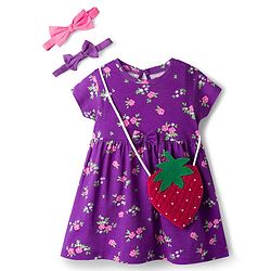 Babyhug Cotton Knit Half Sleeves Floral Printed Frock With Sling Bag & Headbands - Purple