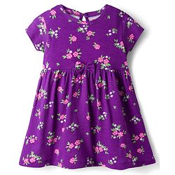 Babyhug Cotton Knit Half Sleeves Floral Printed Frock With Sling Bag & Headbands - Purple