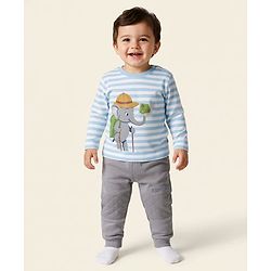 Babyhug Terry Knit Full Sleeves T-Shirt & Lounge Pant Set With Animal Print - Light Blue & Grey