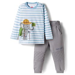 Babyhug Terry Knit Full Sleeves T-Shirt & Lounge Pant Set With Animal Print - Light Blue & Grey