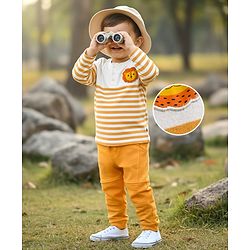 Babyhug Terry Knit Full Sleeves T-Shirt & Lounge Pant Set With Stripes & Animal Embroidery - Yellow