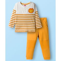 Babyhug Terry Knit Full Sleeves T-Shirt & Lounge Pant Set With Stripes & Animal Embroidery - Yellow