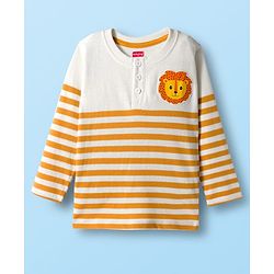 Babyhug Terry Knit Full Sleeves T-Shirt & Lounge Pant Set With Stripes & Animal Embroidery - Yellow