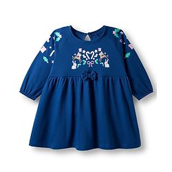 Babyhug Cotton Knit Full Sleeves Frock With Floral Print - Navy Blue