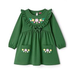 Babyhug Cotton Knit Full Sleeves Frock With Bow & Floral Applique - Green