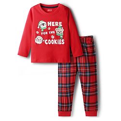 Babyhug Cotton Knit Full Sleeves Night Suit Set with Checks & Here For The Cookies  Print - Red