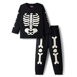 Babyhug Cotton Knit Full Sleeves Night Suit Set with Skeleton Print - Black