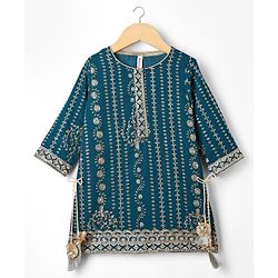 Babyhug Woven Three Fourth Sleeves Embroidered Kurti Palazzo Set with Dupatta & Sequin Detailing - Teal Blue