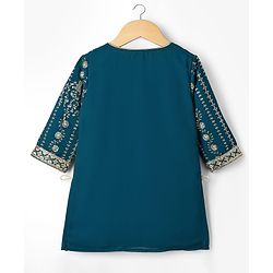 Babyhug Woven Three Fourth Sleeves Embroidered Kurti Palazzo Set with Dupatta & Sequin Detailing - Teal Blue