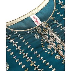 Babyhug Woven Three Fourth Sleeves Embroidered Kurti Palazzo Set with Dupatta & Sequin Detailing - Teal Blue