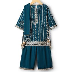 Babyhug Woven Three Fourth Sleeves Embroidered Kurti Palazzo Set with Dupatta & Sequin Detailing - Teal Blue