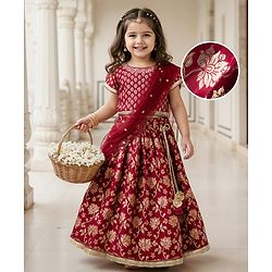 Babyhug Brocade Woven Half Sleeves Choli Lehenga with Dupatta & Floral Foil Print - Maroon