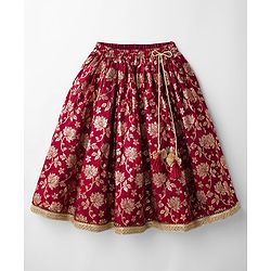 Babyhug Brocade Woven Half Sleeves Choli Lehenga with Dupatta & Floral Foil Print - Maroon