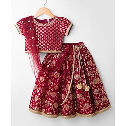 Babyhug Brocade Woven Half Sleeves Choli Lehenga with Dupatta & Floral Foil Print - Maroon