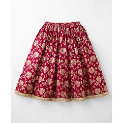 Babyhug Brocade Woven Half Sleeves Choli Lehenga with Dupatta & Floral Foil Print - Maroon