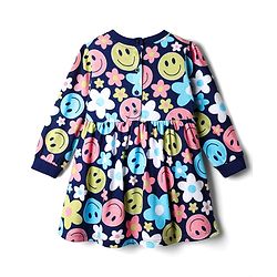 Babyhug Cotton Knit Full Sleeves Floral Printed Frock - Navy Blue