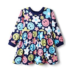 Babyhug Cotton Knit Full Sleeves Floral Printed Frock - Navy Blue