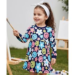 Babyhug Cotton Knit Full Sleeves Floral Printed Frock - Navy Blue