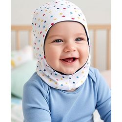 Babyhug Knit Reversible Monkey Cap With Star Print White - Diameter 9 cm