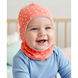 Babyhug Knit Reversible Monkey Cap With Star Print Light Peach - Diameter 10 cm