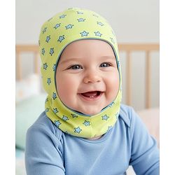 Babyhug Knit Reversible Monkey Cap With Star Print Light Blue - Diameter 10 cm