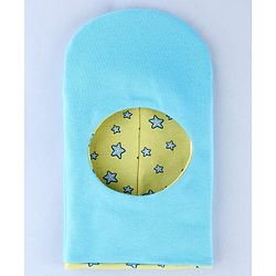 Babyhug Knit Reversible Monkey Cap With Star Print Light Blue - Diameter 10 cm