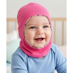 Babyhug Knit Reversible Monkey Cap With Star Print Dark Pink - Diameter 9 cm