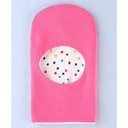 Babyhug Knit Reversible Monkey Cap With Star Print Dark Pink - Diameter 9 cm