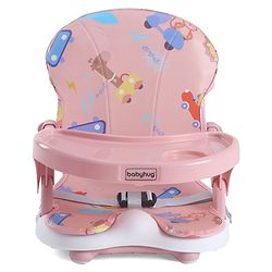 Babyhug 2 in 1 Kids Feeding Chair & Booster Chair with Removable Tray & Seat Cushion - Pink| Adjustable Height| Safety Harness| Foldable Legs| Non Slip Base| Easy to Clean| Durable Built