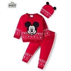 Babyhug Disney Woven Full Sleeves Sweater Set With Mickey Mouse Graphics & Cap - Red