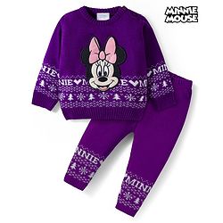 Babyhug Disney Woven Full Sleeves Sweater Set With Minnie Mouse Graphics - Purple
