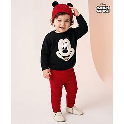 Babyhug Disney Woven Full Sleeves Sweater Set With Mickey Mouse Graphics & Cap - Navy Blue & Red
