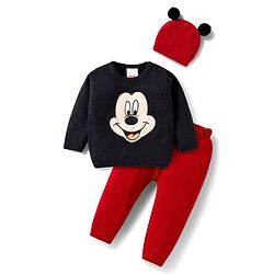 Babyhug Disney Woven Full Sleeves Sweater Set With Mickey Mouse Graphics & Cap - Navy Blue & Red