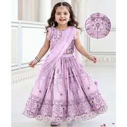 Babyhug Net Woven Ruffle Sleeve Choli Lehenga & Dupatta Set with Floral Sequenced Embroidery - Lavender