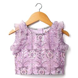 Babyhug Net Woven Ruffle Sleeve Choli Lehenga & Dupatta Set with Floral Sequenced Embroidery - Lavender
