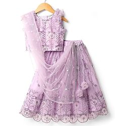 Babyhug Net Woven Ruffle Sleeve Choli Lehenga & Dupatta Set with Floral Sequenced Embroidery - Lavender