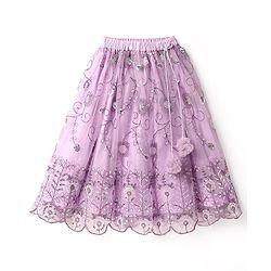 Babyhug Net Woven Ruffle Sleeve Choli Lehenga & Dupatta Set with Floral Sequenced Embroidery - Lavender