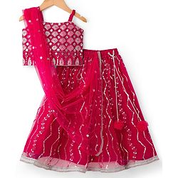 Babyhug Net Woven Sleeveless Choli Lehenga & Dupatta Set with Sequence Embroidery - Fuchsia