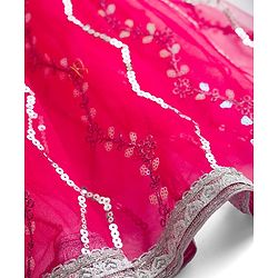 Babyhug Net Woven Sleeveless Choli Lehenga & Dupatta Set with Sequence Embroidery - Fuchsia