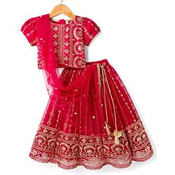 Babyhug Woven Half Sleeves Floral Embroidered Choli Lehenga & Dupatta Set - Maroon