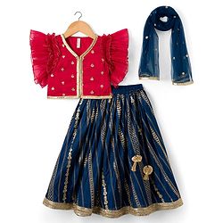 Babyhug Woven Frill Sleeves Embroidered Choli Lehenga Set with Dupatta Sequin & Lace Detailing - Red & Navy Blue