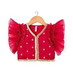 Babyhug Woven Frill Sleeves Embroidered Choli Lehenga Set with Dupatta Sequin & Lace Detailing - Red & Navy Blue